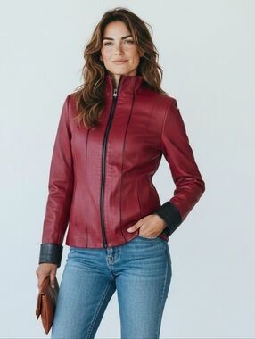 Vitto & Lugo Red Leather Jacket Made in Spain Women’s Fitted Zip-Up